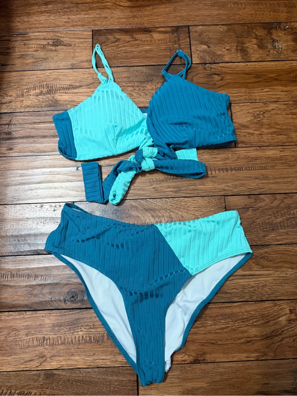 SHEIN Teal and Aqua Colorblock Ribbed Two-Piece Bikini